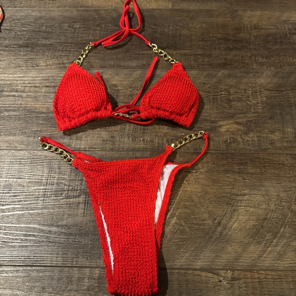 SHEIN Red Crochet Bikini with Gold Chain Accents